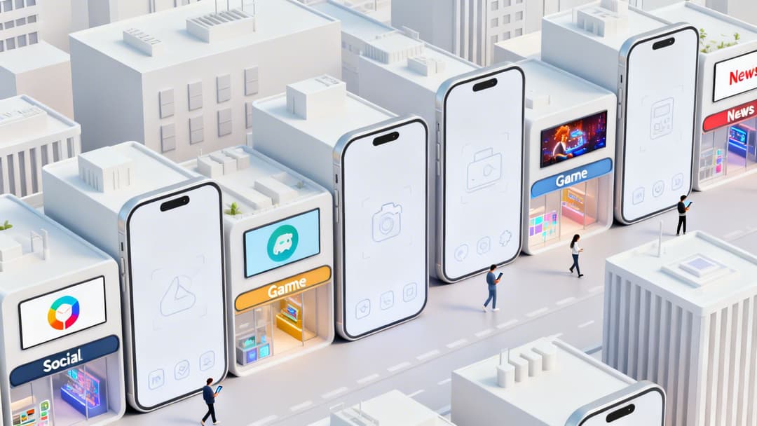 Miniature people walk past giant smartphone-shaped buildings representing social, game, and news apps.