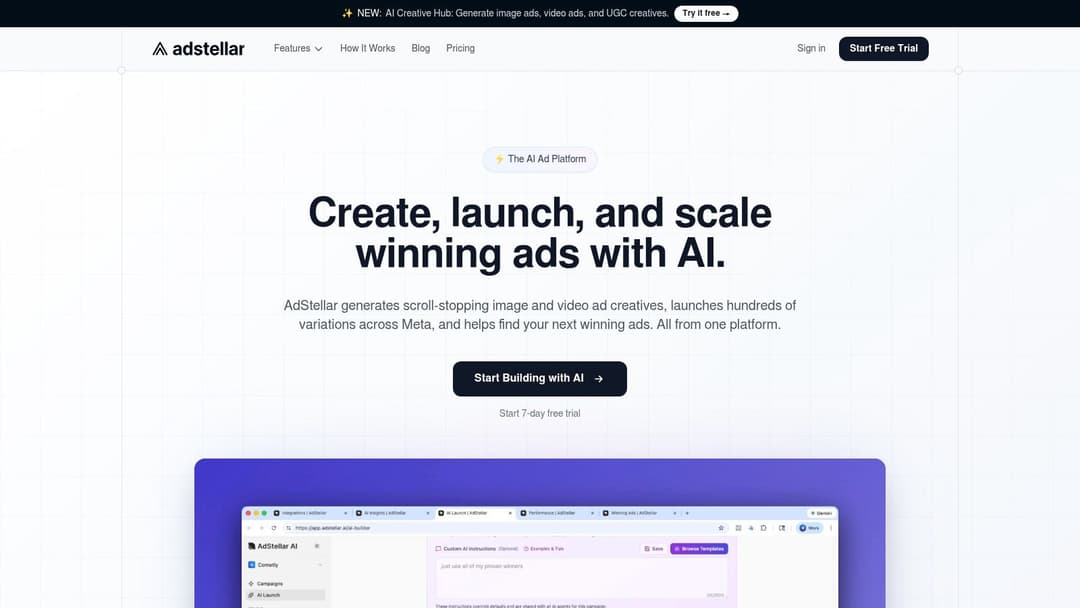 AdStellar AI platform showing mobile advertising app campaign data and creatives