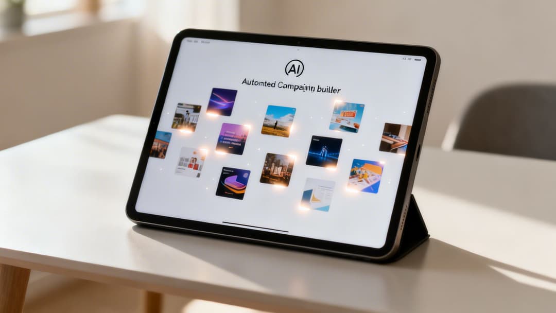 A tablet displaying an AI-powered automated campaign builder interface with numerous image thumbnails.