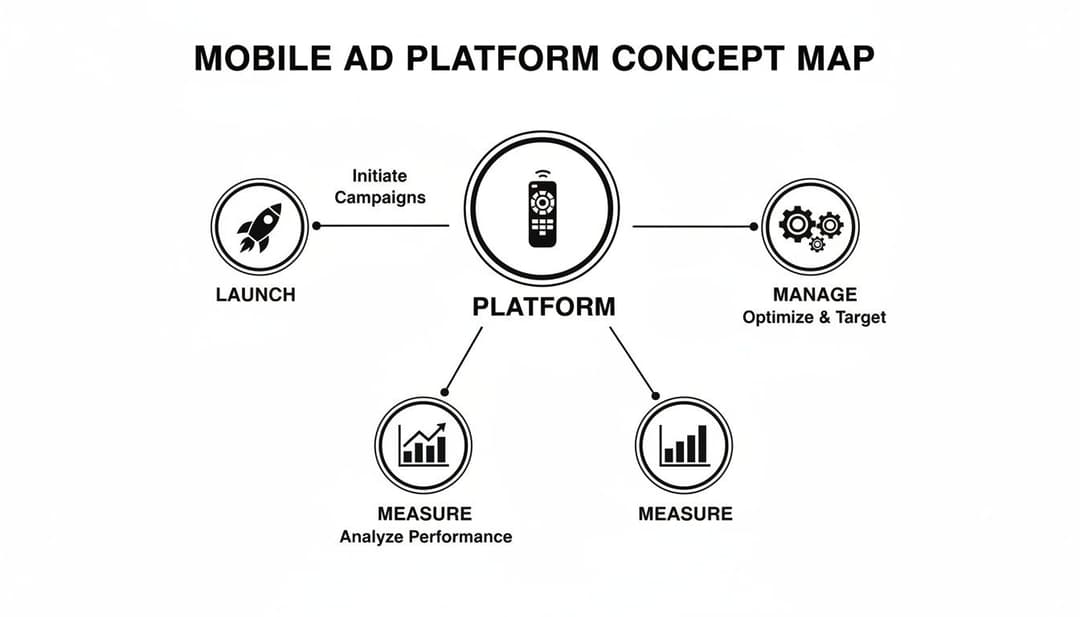 A concept map illustrating the lifecycle of a mobile ad platform with launch, manage, and measure stages.