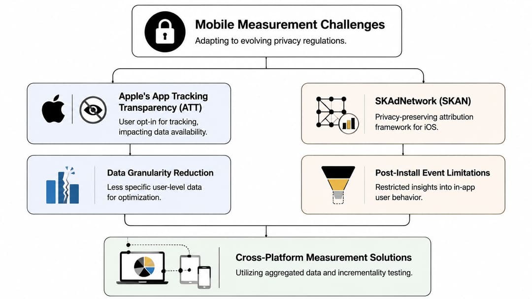 A flowchart showing mobile measurement challenges like Apple's ATT, SKAN, and solutions like cross-platform measurement.