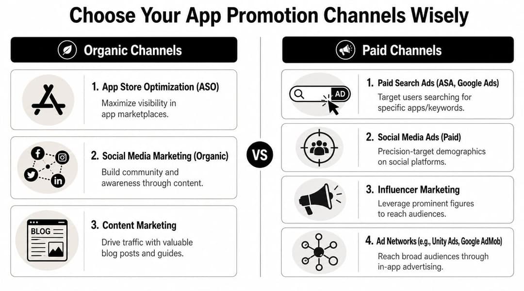 A comparison chart showing organic and paid channels for effective mobile application promotion strategies.