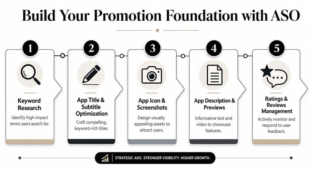 A five-step guide on how to build a strong promotional foundation for apps using ASO strategies.