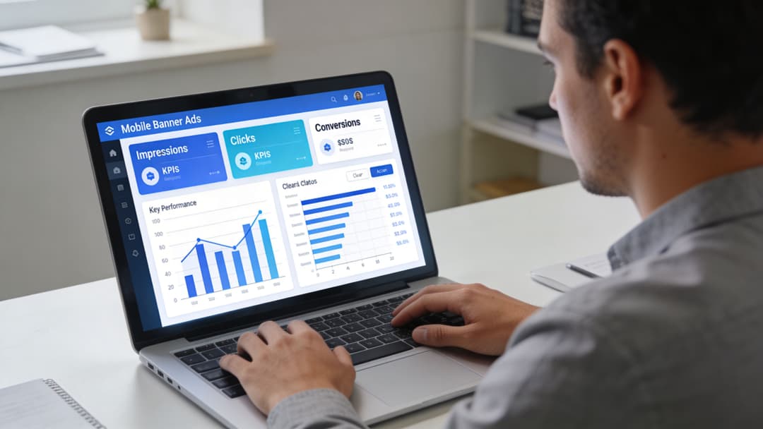 A professional working on a laptop showcasing a digital marketing dashboard for mobile banner ad analytics.