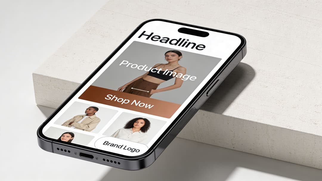 A modern smartphone displaying a fashion ecommerce interface with a hero product image and shop now button.