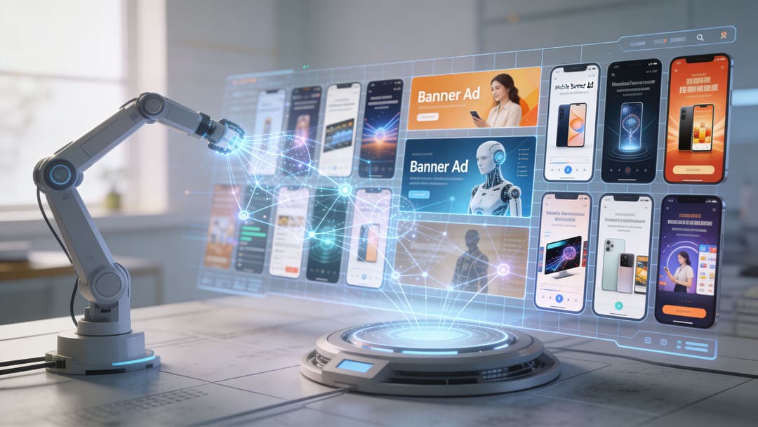 A robotic arm interacts with a holographic display showcasing various mobile banner ad designs and app interfaces.