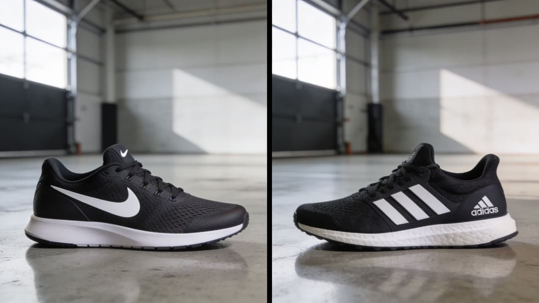 A side-by-side comparison featuring a black Nike running shoe and a black Adidas running shoe indoors.