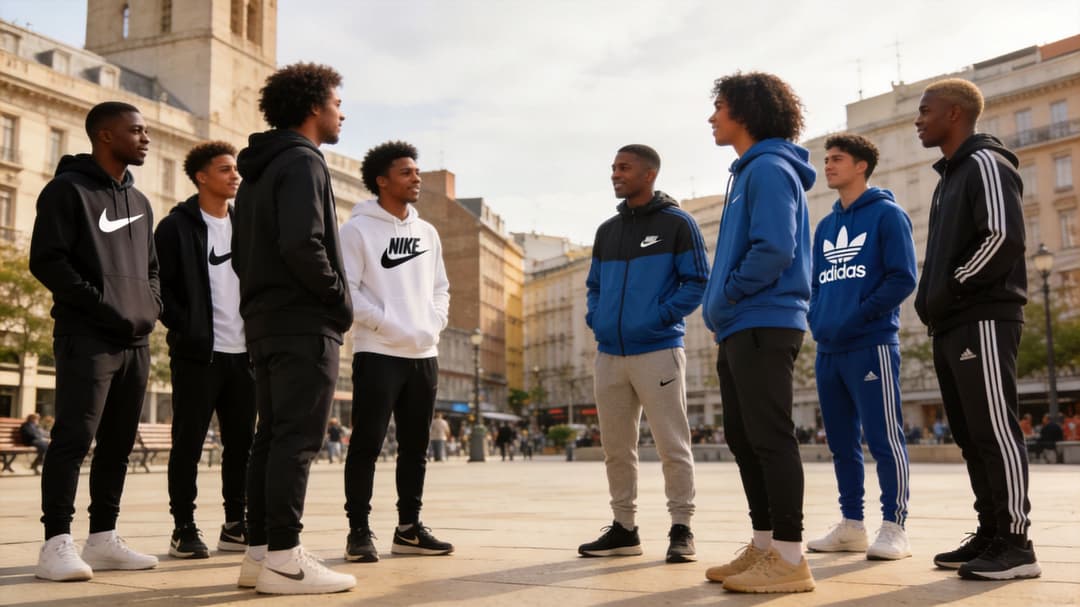 A group of young men standing together in a city plaza wearing Nike and Adidas branded sportswear.