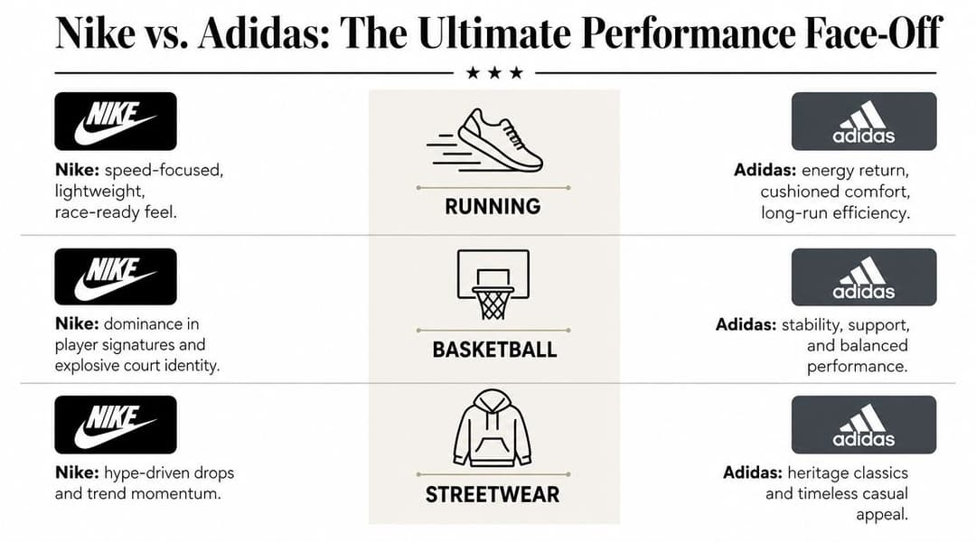 A comparison infographic between Nike and Adidas focusing on performance differences in running, basketball, and streetwear categories.