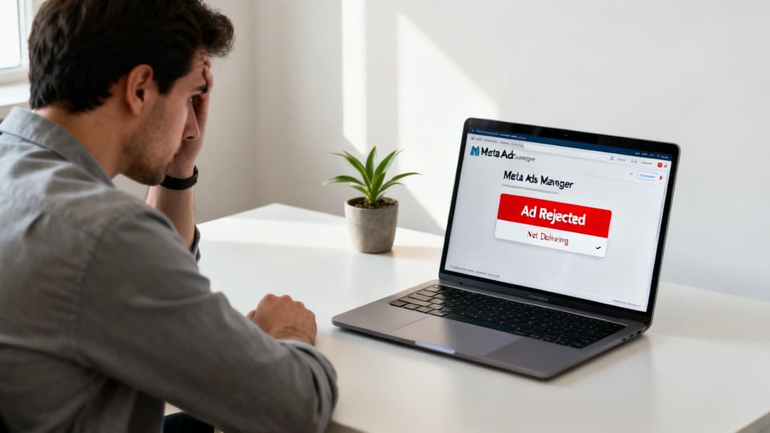 A stressed man looks at a laptop screen displaying a 'Meta Ad Rejected' message.