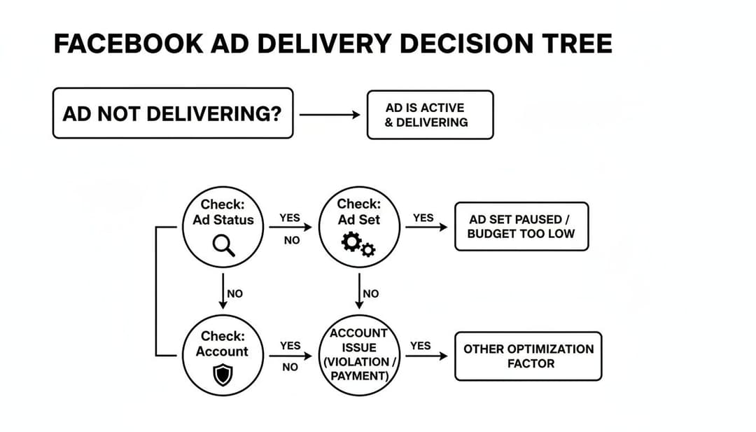 A Facebook ad delivery decision tree flowchart guides users through troubleshooting non-delivering ads.
