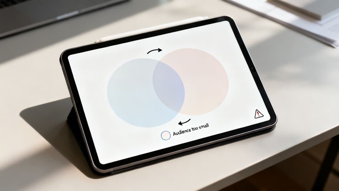 iPad on a desk showing a Venn diagram, 'Audience too small' text, and a warning icon.