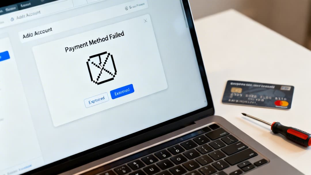 A laptop displays a 'Payment Method Failed' error, with a credit card and screwdriver on the desk.