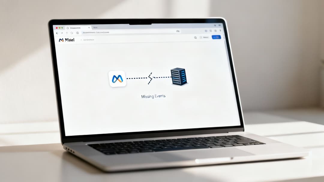A laptop displays a webpage showing a 'Missing Events' error between a data source and a server.