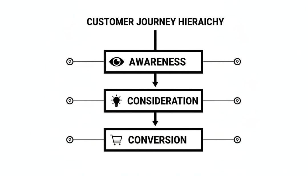 A customer journey hierarchy diagram illustrating the stages of Awareness, Consideration, and Conversion.