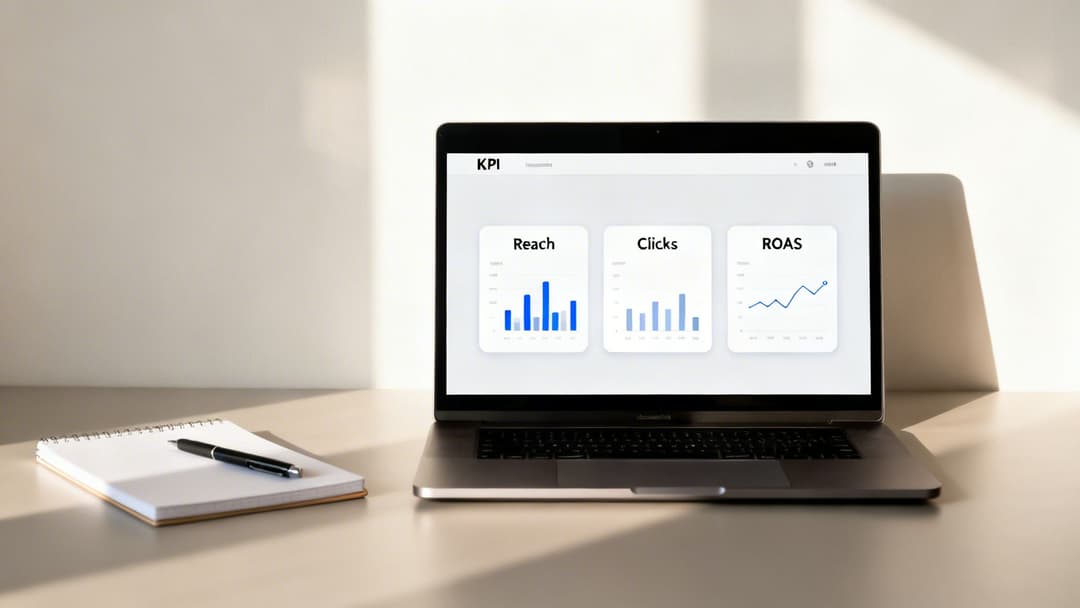 A laptop displaying a KPI dashboard with Reach, Clicks, and ROAS metrics, alongside a notebook and pen on a desk.