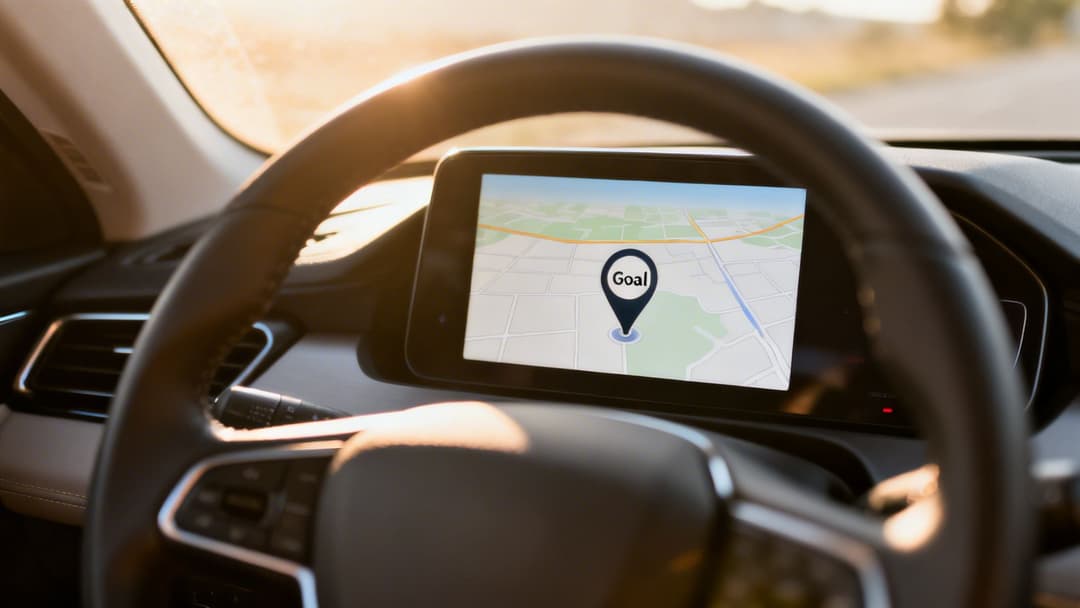 Car interior with steering wheel and dashboard screen displaying a map with a 'Goal' destination.