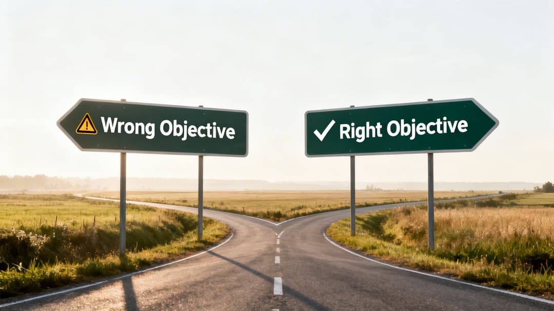 Two road signs at a fork in the road, one pointing left to 'Wrong Objective' and the other right to 'Right Objective'.