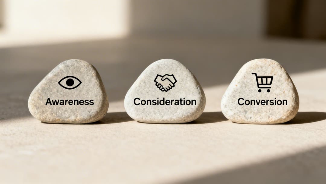Three pebbles depicting a marketing funnel: Awareness with an eye, Consideration with a handshake, and Conversion with a shopping cart icon.