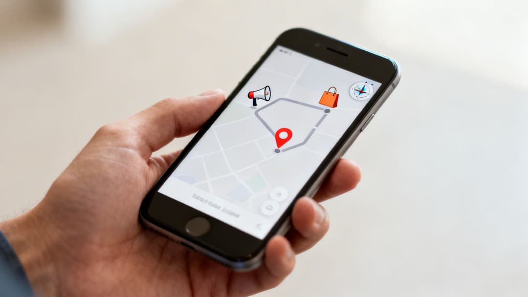 A hand holds a smartphone displaying a map application with a marked route and marketing-related icons.