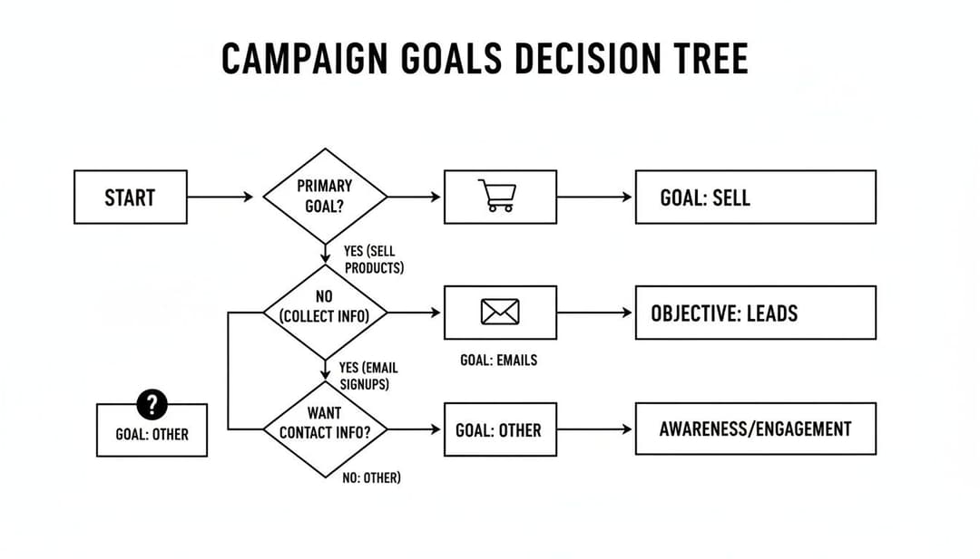 A campaign goals decision tree flowchart for marketing, guiding through selling, lead generation, and awareness objectives.