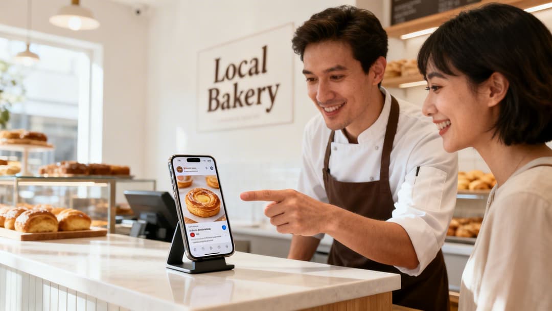 Smiling baker shows a delicious pastry on a phone to a happy customer in a local bakery.