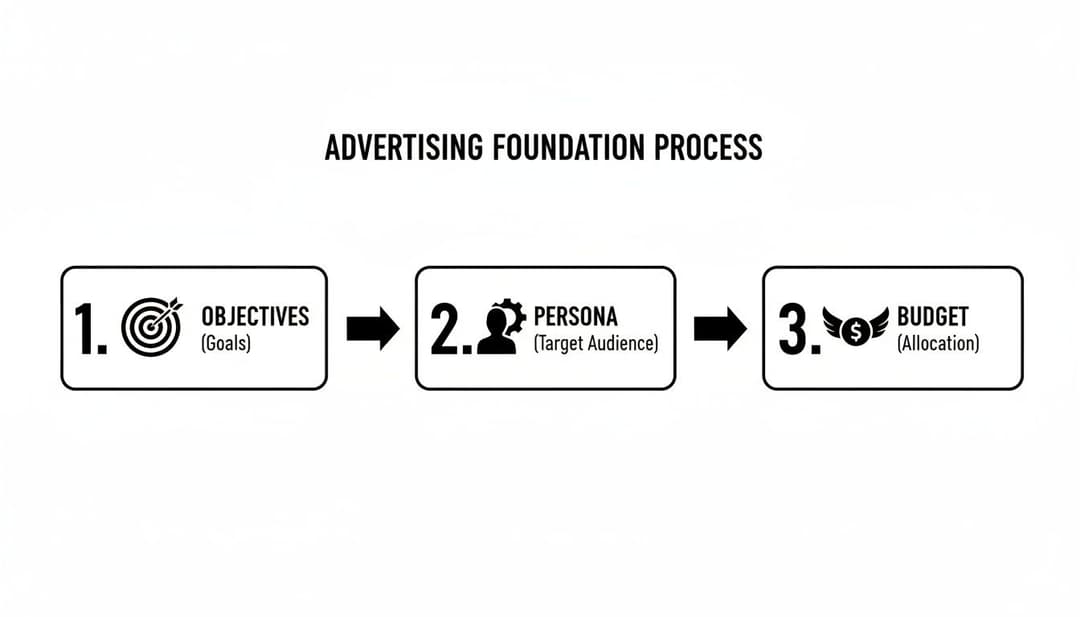 A diagram illustrating the three foundational steps for advertising: objectives, persona, and budget allocation.
