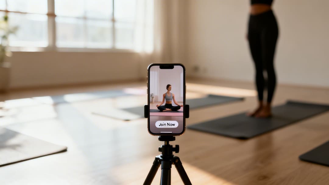 A phone on a tripod displays an online yoga class in a studio with multiple mats.