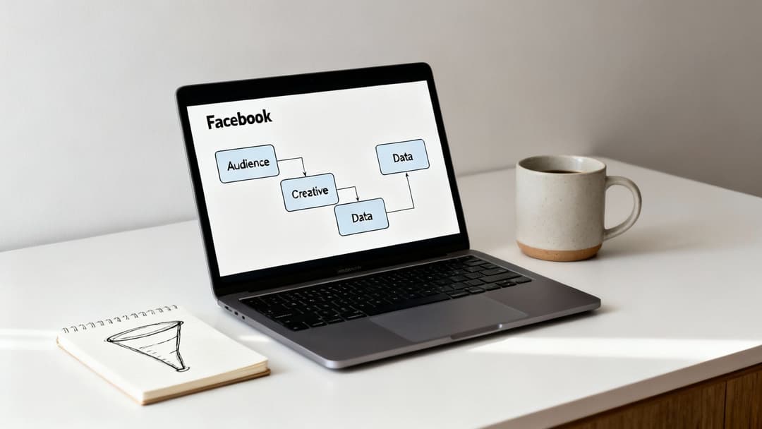 A laptop displaying a Facebook ad strategy diagram with audience, creative, and data on a white desk.