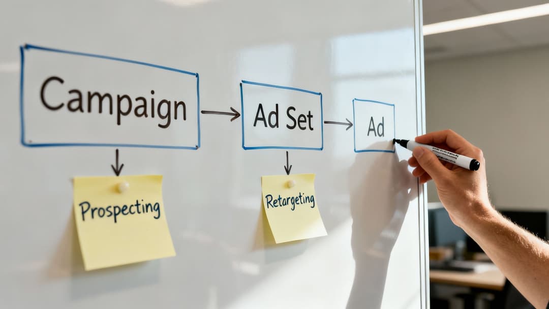 A person's hand draws on a whiteboard outlining a digital ad campaign flow: Campaign, Ad Set, Ad.