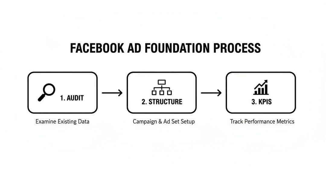 Diagram illustrating the Facebook Ad Foundation Process with three steps: Audit, Structure, and KPIs.