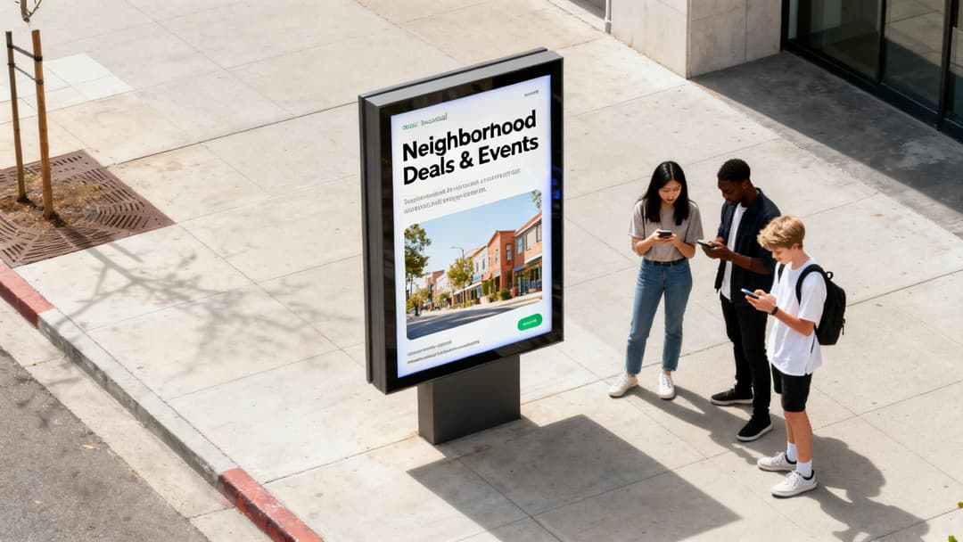 Three young people look at their phones next to a digital billboard on a sunny urban sidewalk.