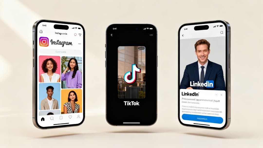 Three iPhones display social media apps: Instagram, TikTok, and LinkedIn, against a light background.