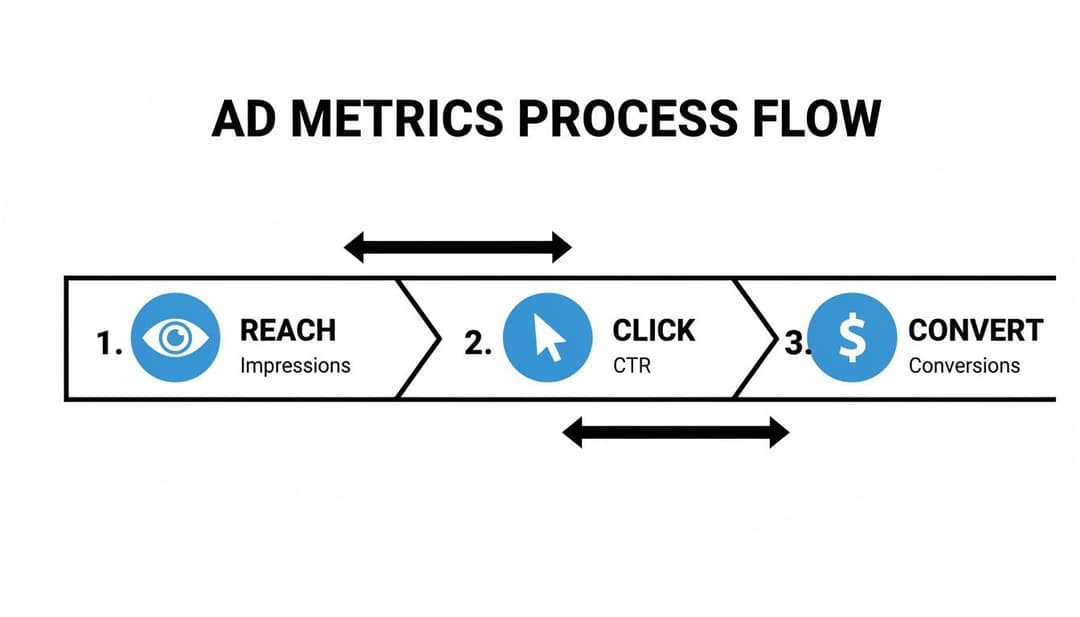 An infographic showing the ad metrics process flow: Reach (impressions), Click (CTR), and Convert (conversions).