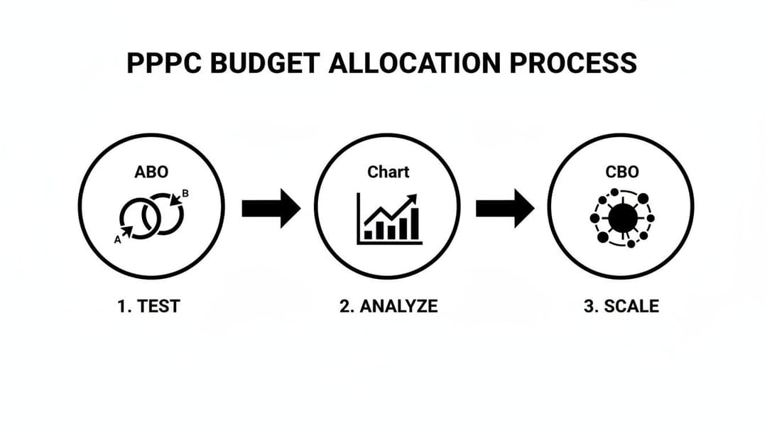 Flowchart depicting PPPC budget allocation process: Test with ABO, Analyze performance, Scale with CBO.