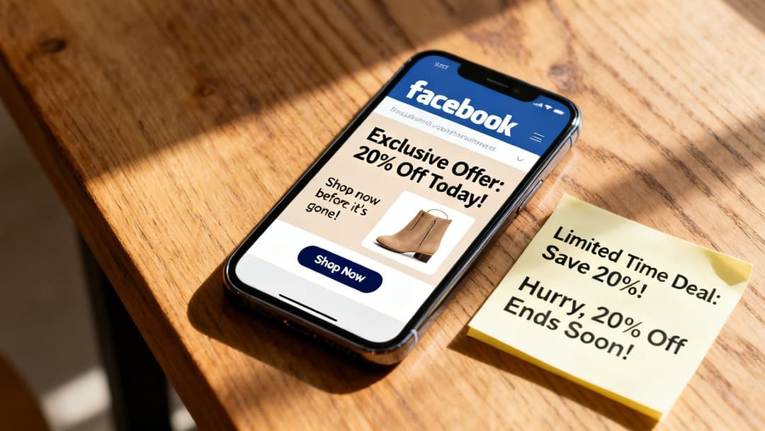 A smartphone displays a Facebook ad showing an exclusive 20% off boots deal, next to a sticky note.