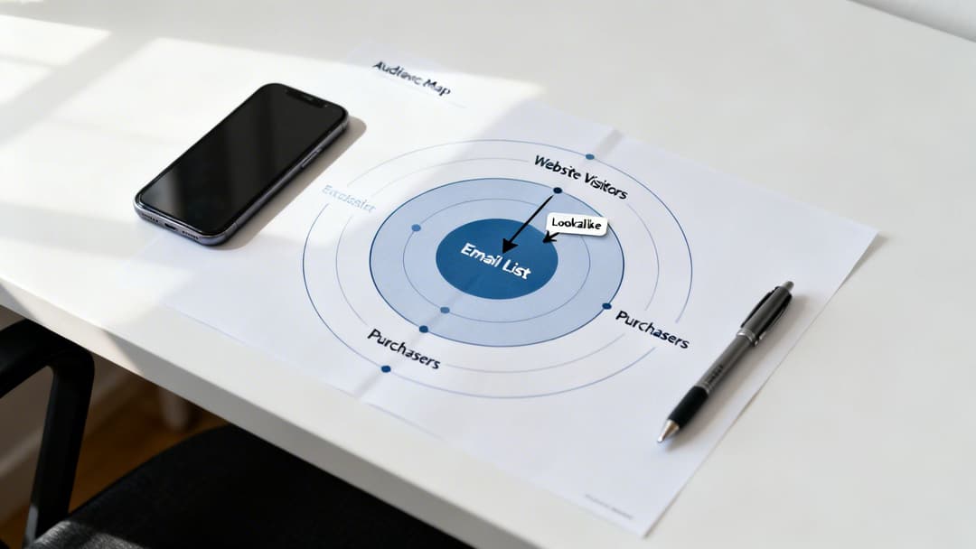 An audience map on a desk showing 'Email List' surrounded by 'Website Visitors' and 'Purchasers', with a phone and pen.