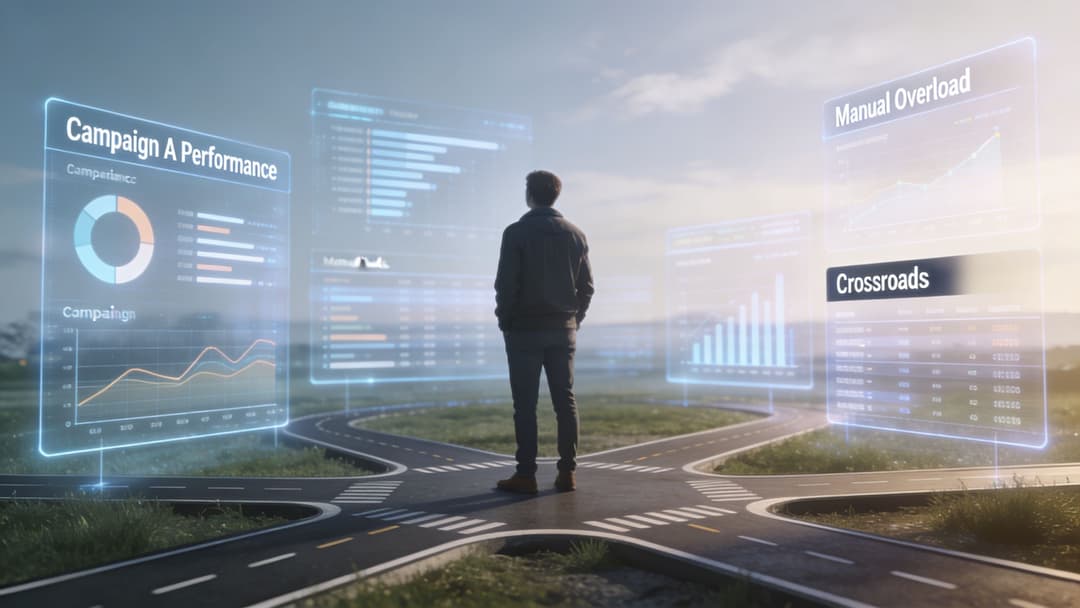 A person standing at a road intersection viewing floating digital data dashboards about campaign performance and strategy.