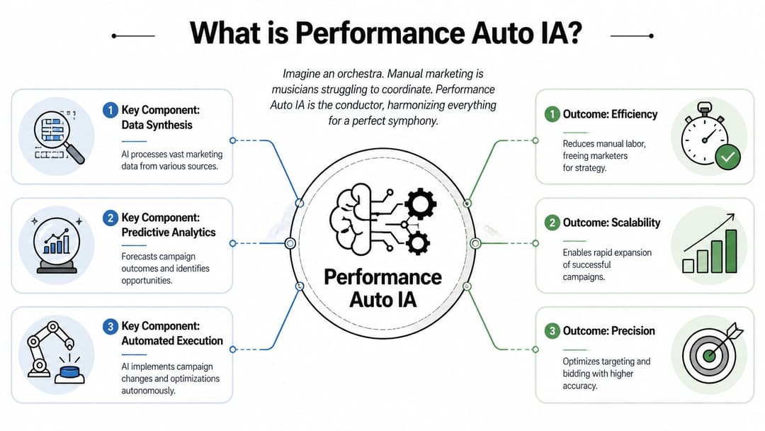 An infographic titled What is Performance Auto IA, detailing its three core components and three resulting outcomes.