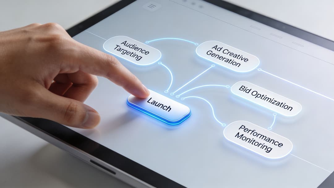 A hand pressing a digital launch button on a tablet screen surrounded by interconnected marketing workflow icons.