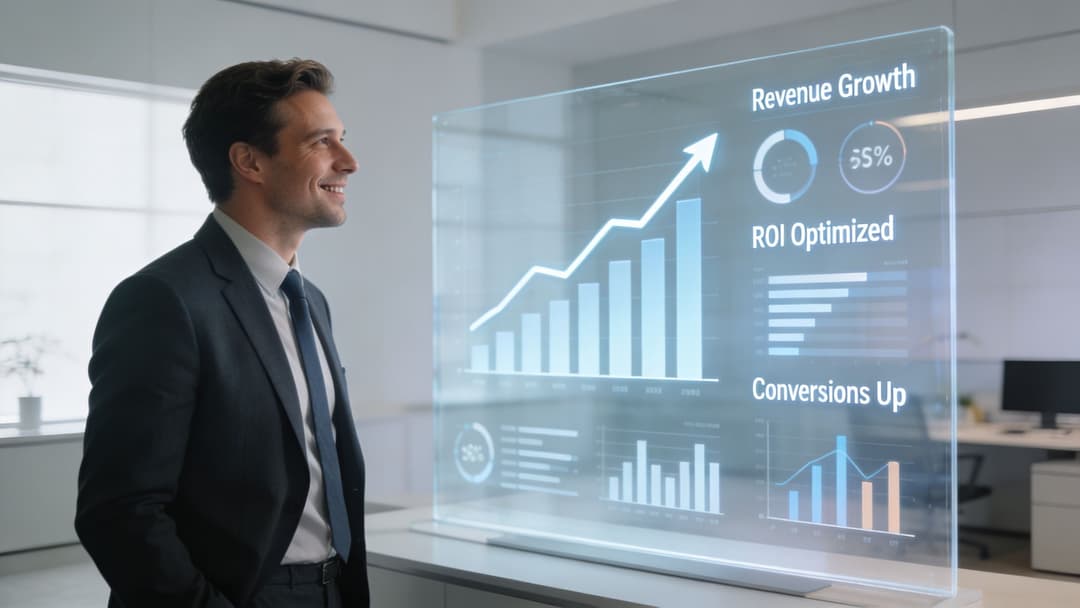 A smiling businessman in a suit looks at a digital transparent screen displaying business performance data.