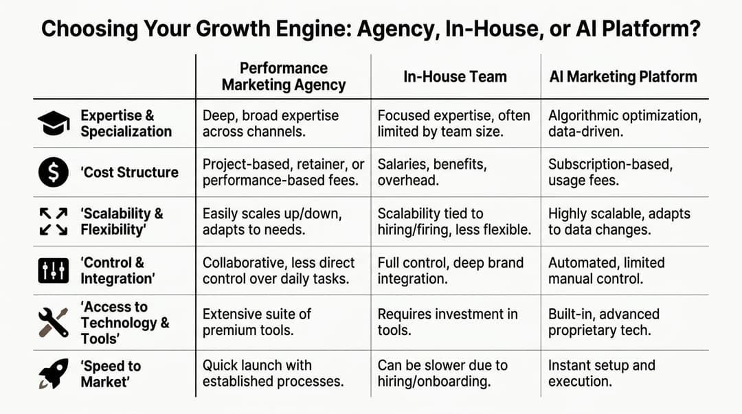A comparison table outlining the key differences between performance marketing agencies, in-house teams, and AI marketing platforms.