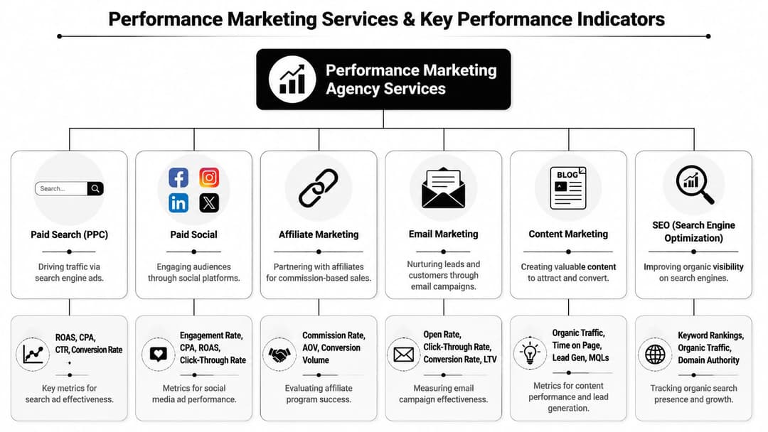 A chart showing various performance marketing agency services and their corresponding key performance indicators and metrics.