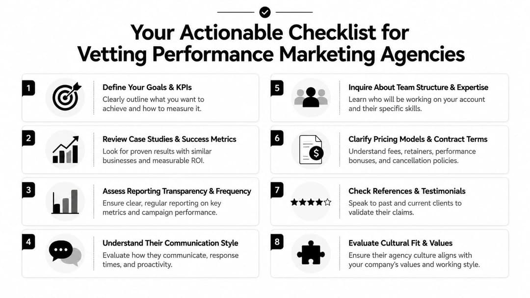 A checklist for vetting performance marketing agencies featuring eight numbered steps for evaluating potential marketing partners.