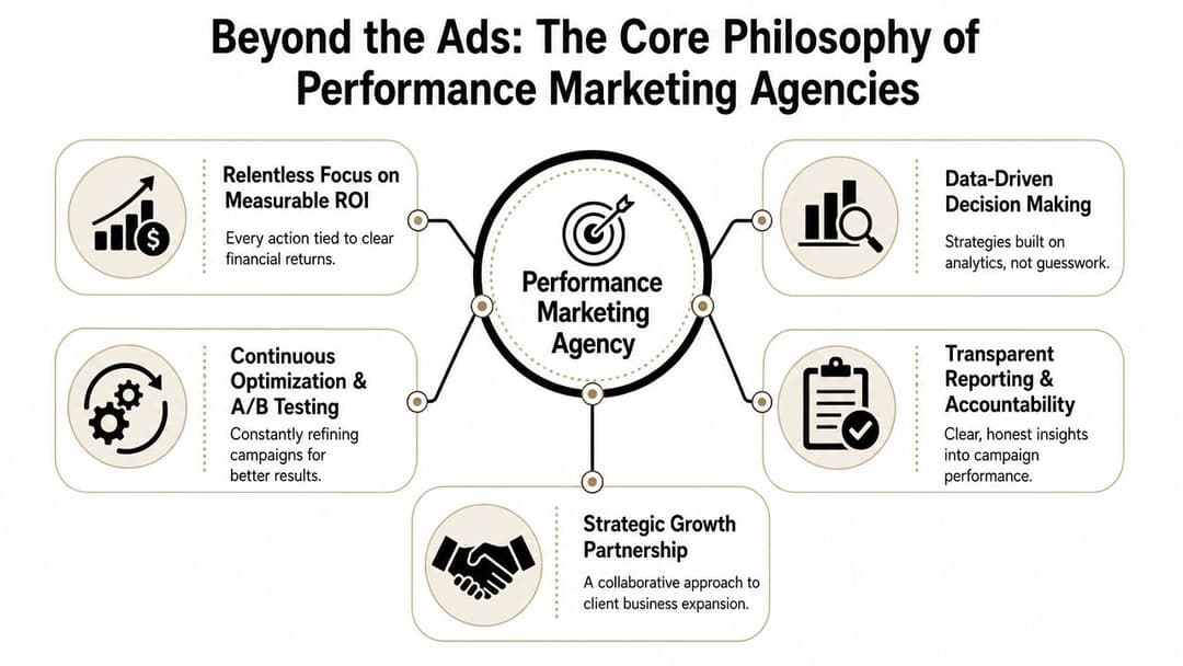 A diagram illustrating the core philosophy of performance marketing agencies, including ROI, data, and growth strategies.