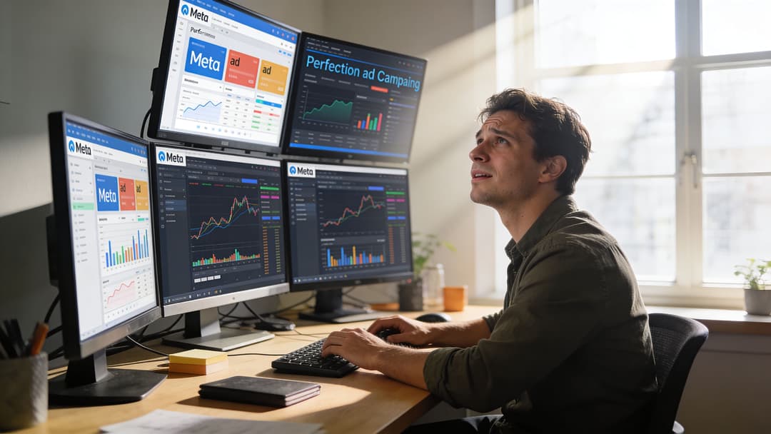 A professional analyzing performance marketing metrics on multiple computer monitors in a sunlit office.