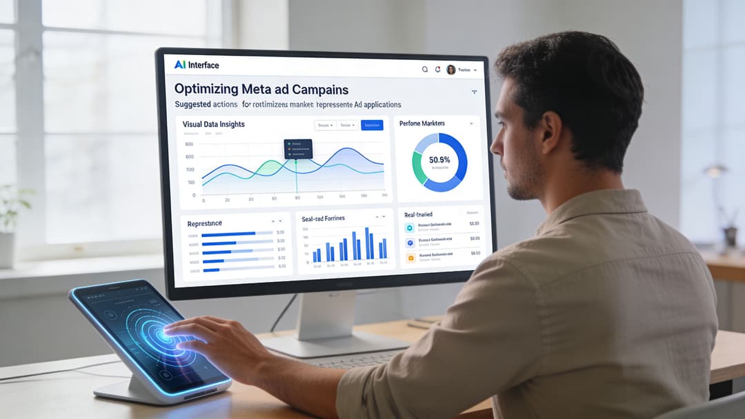 A professional man analyzing digital marketing performance data on a large computer monitor and tablet interface.