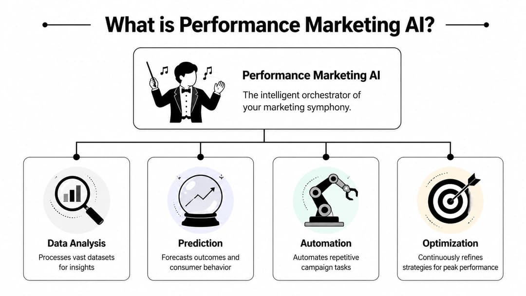 A diagram illustrating Performance Marketing AI as an orchestrator, divided into data analysis, prediction, automation, and optimization.
