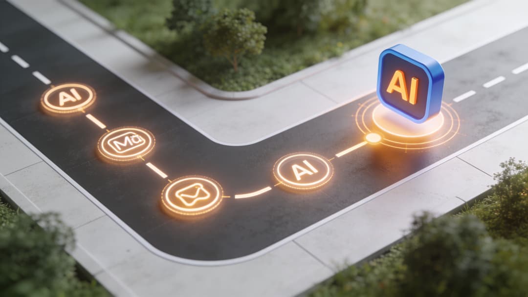 A miniature road with glowing AI and communication icons leading to a 3D blue AI block icon.