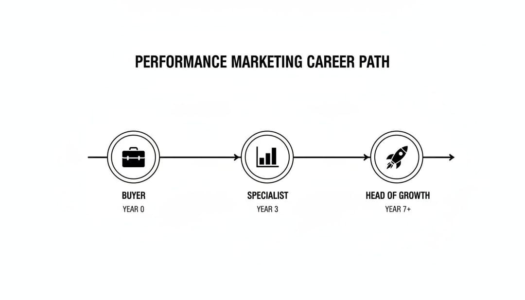 A performance marketing career path illustrating progression from Buyer to Specialist to Head of Growth.